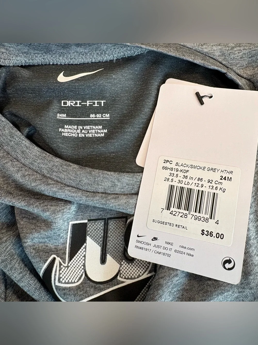 Toddler Boy Nike Dri-Fit Shirt & Short 2 Piece Set Swoosh Black Gray 12M or 24M